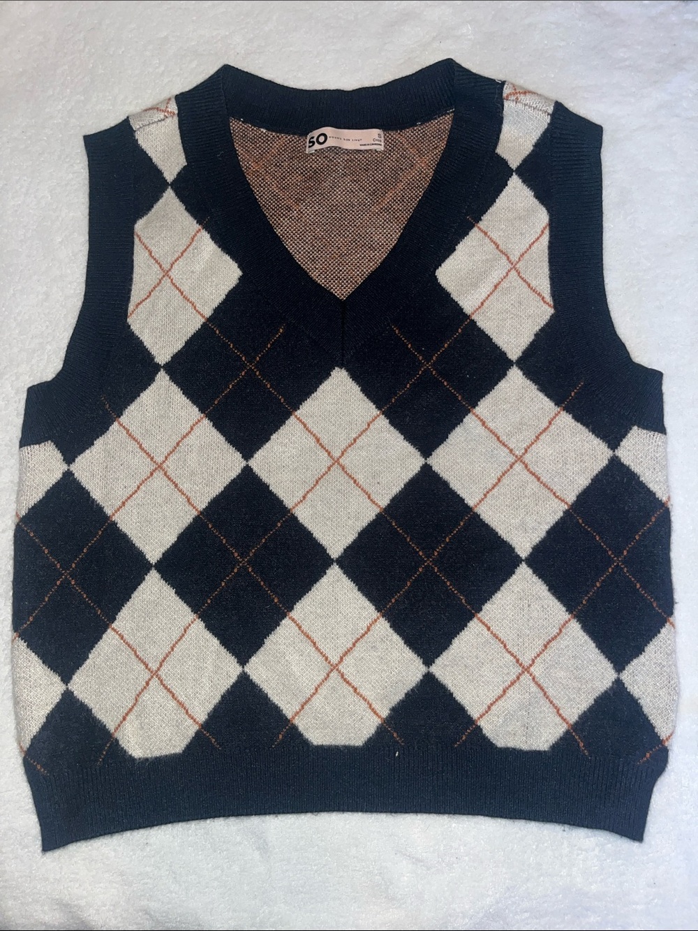 SO Women’s Black & Cream Argyle V-Neck Crop Vest